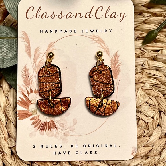 Handmade Polymer Clay Stud dangle earrings - Rose Gold Foil Crackle - Picture 3 of 4